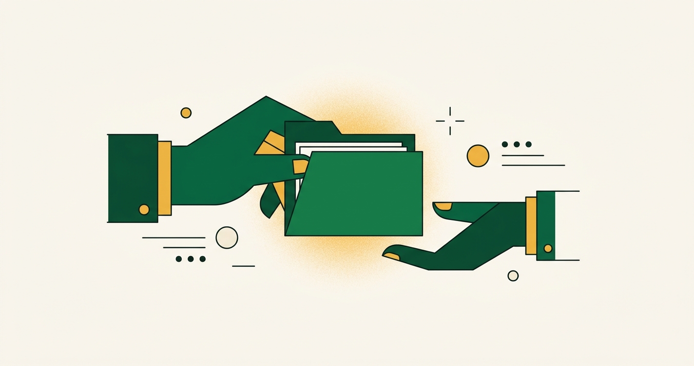 Mãos trocando uma pasta verde, ilustrando a cessão de crédito de um banco para um fundo