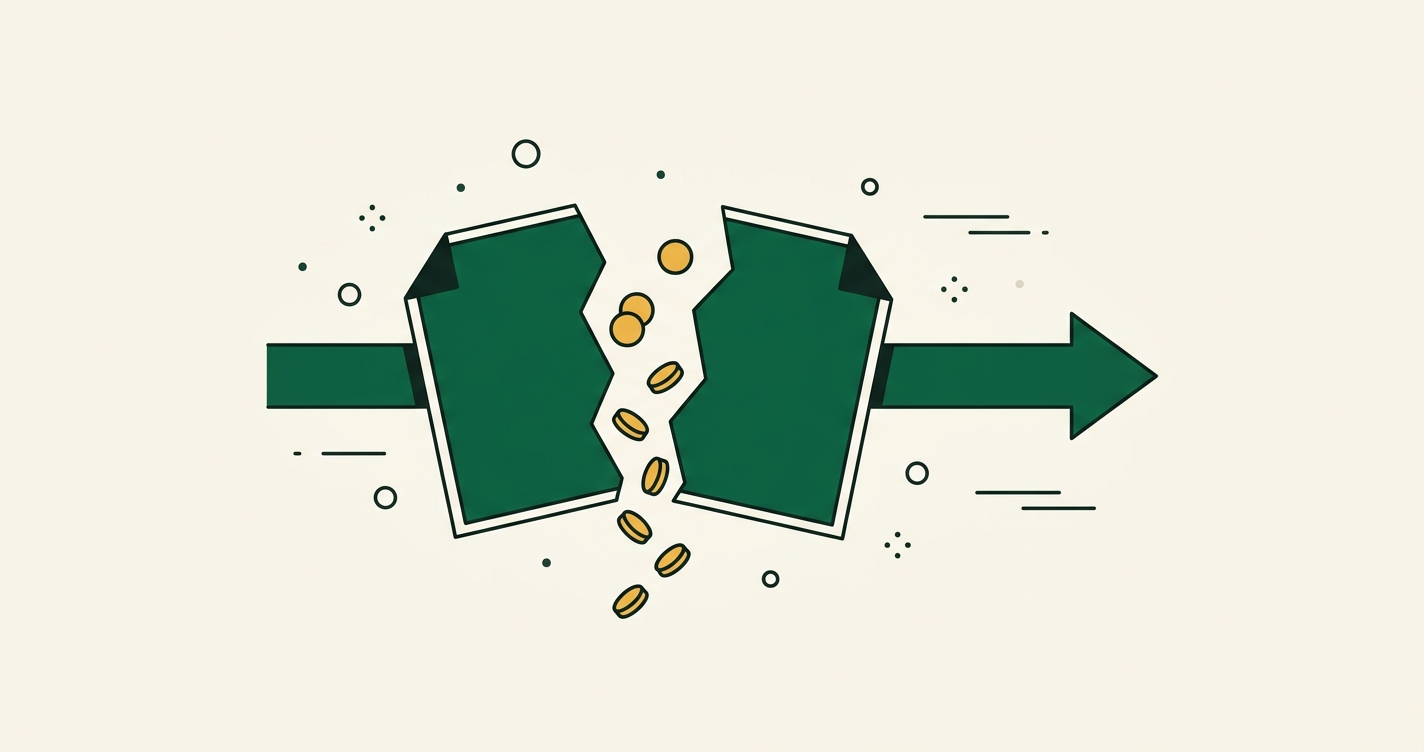 Contrato verde rasgado ao meio com moedas douradas caindo entre as duas metades e uma seta verde apontando pra frente — o acordo quebrou, mas há caminho de saída