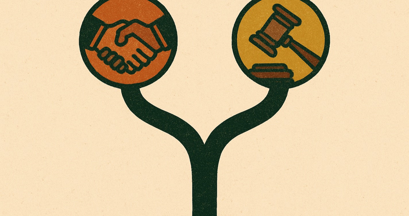 Duas estradas divergindo sobre fundo verde-escuro com texto 'Plano consensual ou compulsório: qual sai do endividamento?'